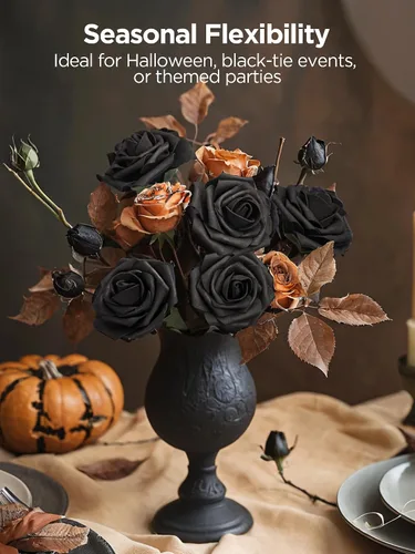 Vista 3 de InnoGear Flores artificiales, paquete de 50 unidades, rosas artificiales de espuma negras con tallos a granel para decoración, ramos de boda DIY