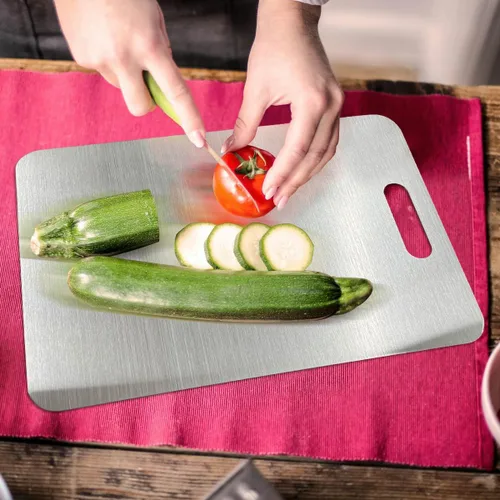 Vista 2 de Tabla de cortar de acero inoxidable de grado alimenticio, tabla de cortar de doble cara para cocina, fácil de limpiar, tabla de cortar