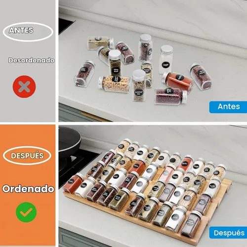 Vista 5 de Organizador de cajones de especias de bambú, 4 niveles ampliables de 13 a 26 pulgadas
