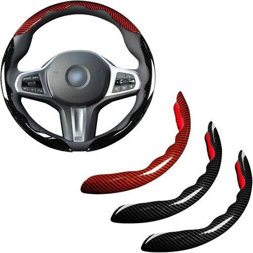 Vista 11 de Juego de fundas para volante de automóvil, funda de fibra de carbono brillante, antideslizante, 3 piezas, accesorios para volante de 14.5-15 negro