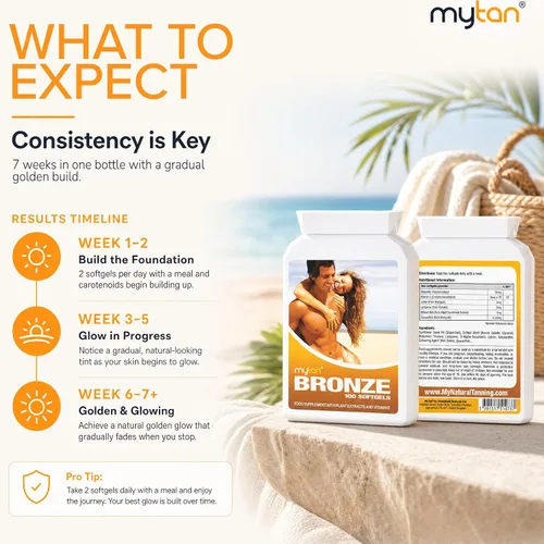 Vista 4 de Píldoras para bronceado MyTan Bronze, 100 cápsulas de gel, de beta caroteno, sin sol