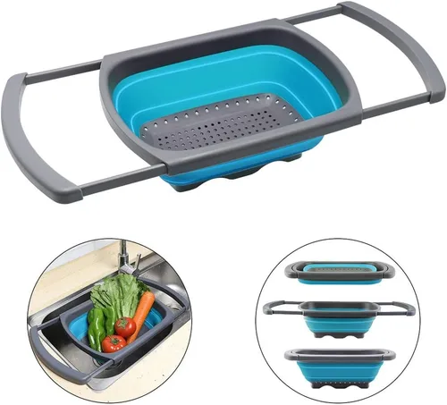 Vista 2 de Qimh Colador plegable, colador sobre el fregadero, coladores de alimentos con asas extensibles, 6 cuartos de galón, colador plegable de cocina apto