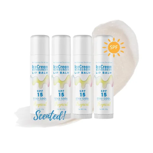 Vista 2 de IceCream Sunscreen - Juego de 4 bálsamos labiales con aroma tropical, protector solar resistente al agua para labios, cuidado de labios para todas