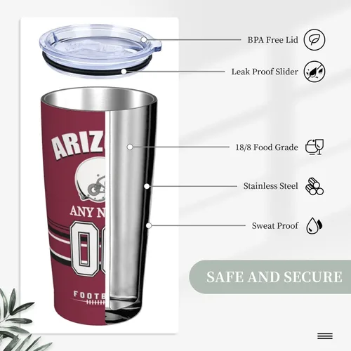 Vista 4 de Vaso Arizona personalizado, vaso con nombre y número personalizados, taza de café de viaje de acero inoxidable que mantiene las bebidas frías