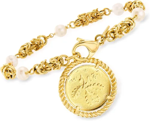 Vista 3 de Ross-Simons Italian 6mm Cultured Pearl and Replica Lira Coin Byzantine Bracelet in 18kt Gold Over Sterling