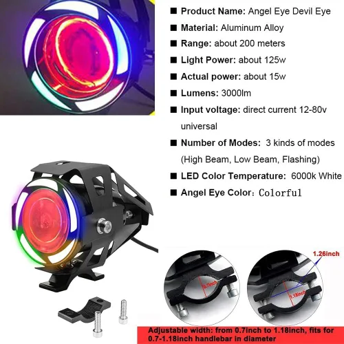 Vista 2 de Luz antiniebla LED súper brillante de 125 W, faro auxiliar de motocicleta con ángel demoníaco ojos coloridos lámpara de punto de trabajo