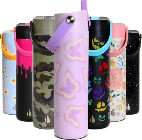 Vista 52 de Elemental Botella de agua aislada de 24 onzas con popote, botellas de agua con núcleo de acero inoxidable 100% a prueba de fugas para viajes, Beige