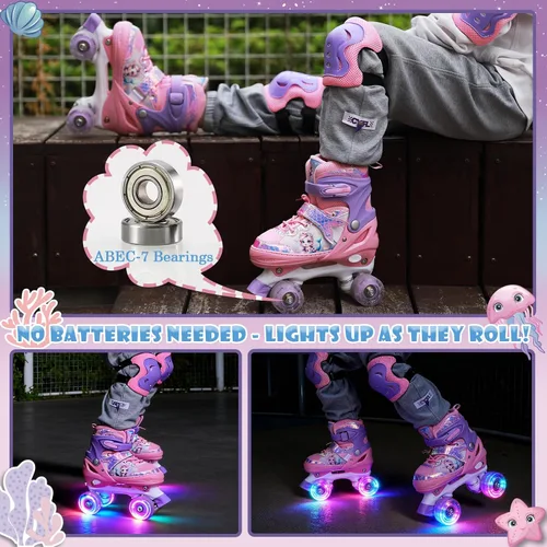 Vista 7 de Patines de sirena ajustables para niños y niñas con ruedas con luz LED, patines para interiores y exteriores para niños principiantes, juego