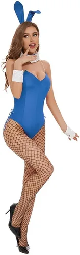 Vista 3 de YUANTU Traje de conejito para mujer, disfraz de anime de Halloween, cosplay, body con diadema de conejo, conjunto de medias