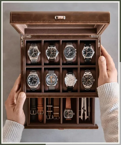 Vista 8 de TAWBURY Organizador de caja de reloj con 8 ranuras para hombre, funda de lujo de piel sintética con cajón Caja de reloj para hombres Estuche