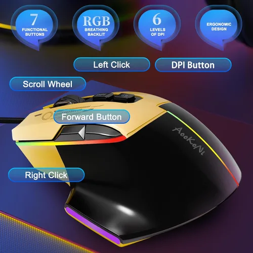 Vista 2 de Ratón para juegos, mouse para juegos con cable con retroiluminación RGB, 7200DPI ajustable, ratones para juegos de PC con 7 botones macro