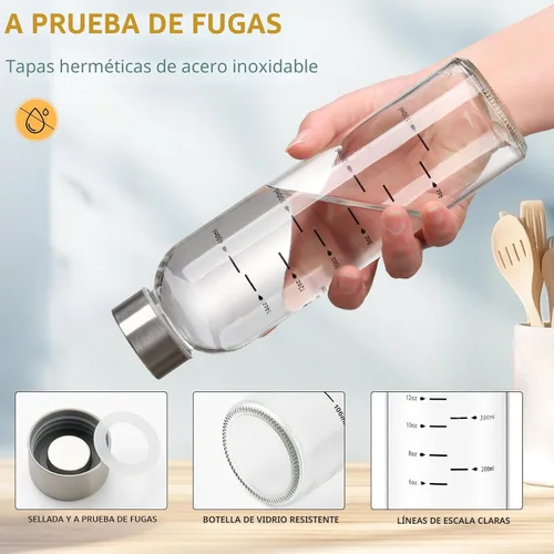 Vista 2 de Botellas de agua de vidrio Olivego con tapas 17 oz, botellas de jugo transparentes con tapa de acero inoxidable, botella de vidrio reutilizable