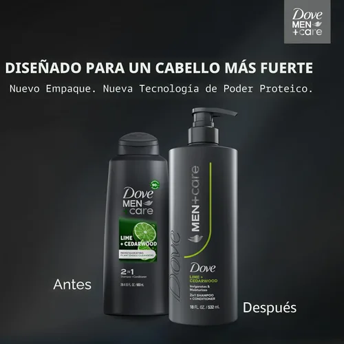Vista 6 de DOVE MEN + CARE Champú 1 unidad de lima y cedro para cabello real que potencia la fuerza del cabello, con resultados vigorizantes e hidratantes, 18