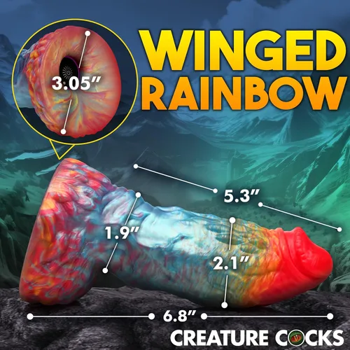 Vista 4 de CREATURE COCKS Consolador vibratorio de silicona Rainbow Phoenix para hombres, mujeres y parejas. Consolador de fantasía con potente vibración.