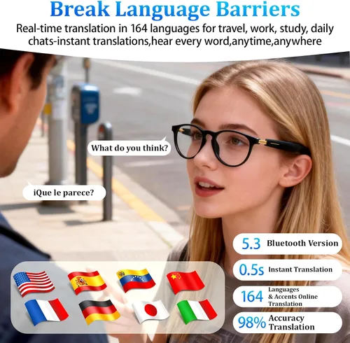 Vista 2 de Lentes inteligentes AI con GPT de chat, gafas Bluetooth con traductor de 164 idiomas, asistente de IA y asistente de reuniones, reproducción