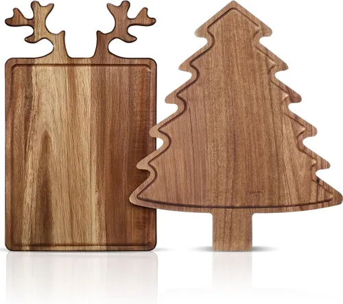 Vista 8 de Umigy 2 Piezas Tablas de Charcutería de Navidad Tabla de Cortar de Madera en Forma de Árbol de Navidad con Mango Cornamenta Madera de Acacia Linda