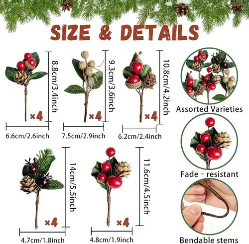 Vista 2 de 20 PCS Christmas Artificial Berry Picks Decor for Crafts Gift Wrapping