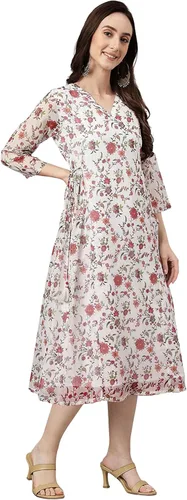 Vista 5 de Janasya Vestido acampanado con estampado floral de lúrex de gasa blanca para mujer india