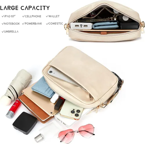 Vista 3 de Bolso cruzado de cuero para mujer con cremallera y hombro para cámara