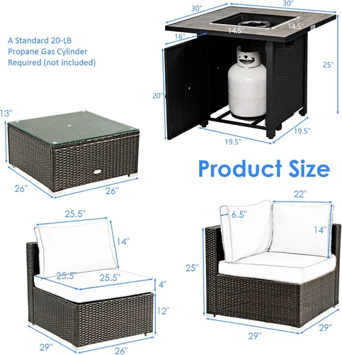 Vista 4 de Tangkula Patiojoy Juego de sofá de ratán para exteriores de 6 piezas con mesa de fuego de gas propano de 30 pulgadas, mesa de cerámica para fuego