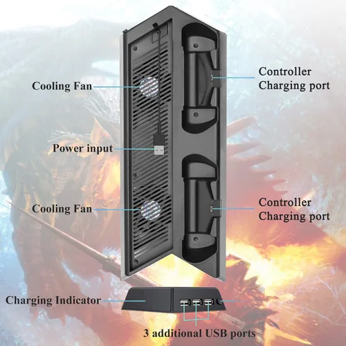 Vista 4 de FASTSNAIL Soporte vertical compatible con PS4 Pro con ventilador de refrigeración estación de carga de controlador compatible con Playstation 4 Pro