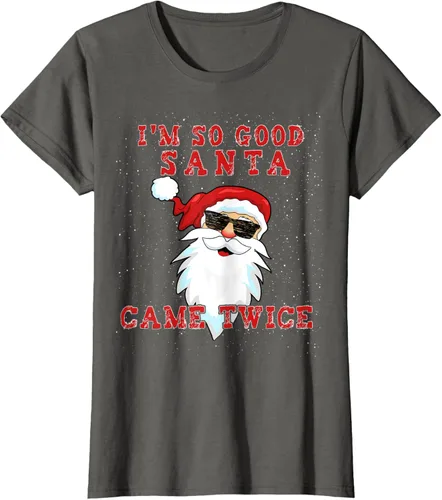 Vista 8 de Camiseta de Navidad para mujer con texto en inglés «I'm So Good Santa Came Twice» Negro