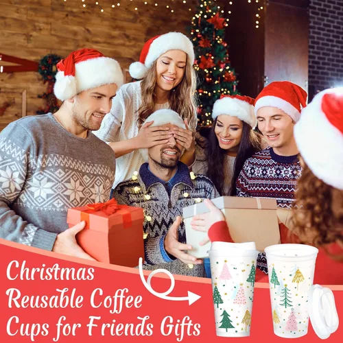 Vista 3 de Bokon 12 piezas de tazas de plástico transparente reutilizables de Navidad a granel, 16 oz, tazas de árbol de Navidad de estilo bohemio, tazas