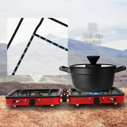 Vista 5 de RexTact Estufa de campamento de 2 quemadores con bolsa de transporte, estufa de campamento de propano plegable con 17,200 BTU para campamento