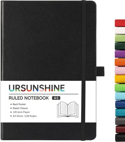 Vista 65 de Cuaderno punteado, diario, 5.3 x 8.26 pulgadas, tapa dura, prémium, papel grueso, doble espiral, bandas, cuero negro sintético, lazo para bolígrafo