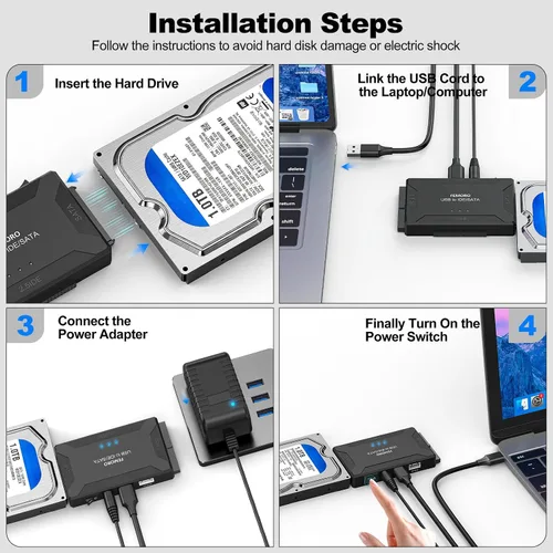 Vista 6 de FEMORO Lector de disco duro IDE SATA a USB 3.0 + adaptador USB C, kit de convertidor de recuperación de datos 3 en 1 con fuente de alimentación