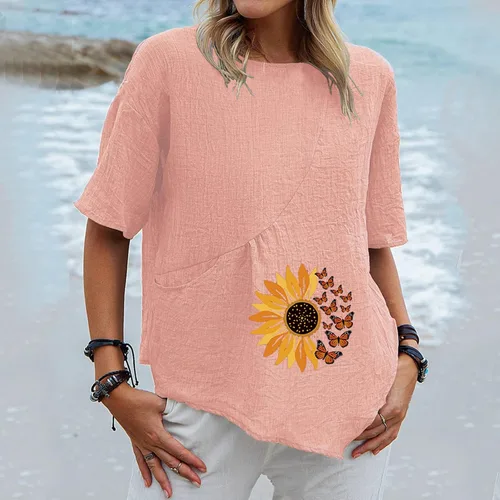 Vista 2 de Muscularfit Summer Tops for Women 2023 Trendy Cotton Linen Shirts Dressy Casual Crew Neck Short Sleeve Plain Blouse Work Tees