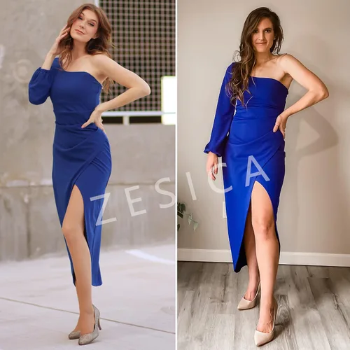 Vista 6 de ZESICA Vestido de cóctel de manga larga con un hombro descubierto para mujer, sexy, con abertura alta, fruncido, entallado, para invitados de boda