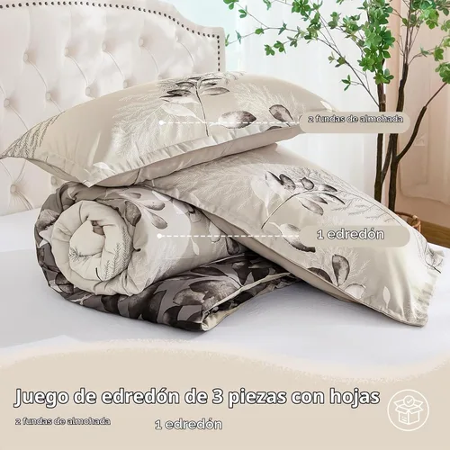 Vista 7 de DJY Juego de edredón beige tamaño Queen, edredón de 3 piezas con hojas botánicas marrones con 2 fundas de almohada, tamaño Queen, juego de edredón