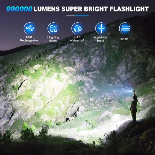 Vista 7 de KINGCAESAR Linternas recargables de alto lúmenes, 2 unidades de 90,000 lúmenes, linterna súper brillante, 5 modos de linterna LED, IPX7 impermeable