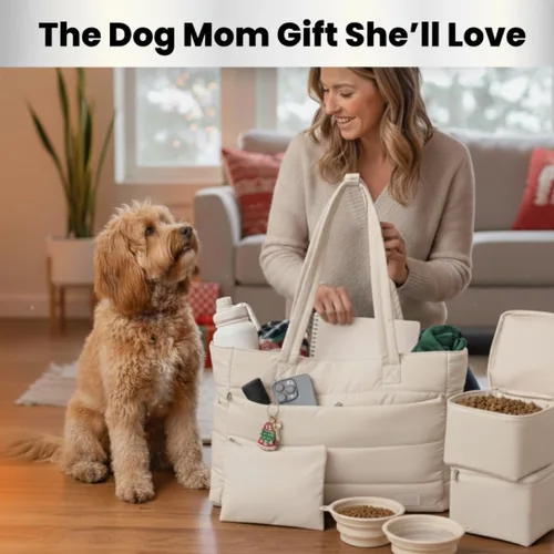Vista 4 de Dog Mom Essentials Bundle - Bolsa acolchada con contenedores de almacenamiento (óxido) y botella de agua de 32 onzas con cuenco desmontable