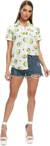 Vista 3 de Aeslech Camisa hawaiana ligera con estampado de girasol, limón y aguacate para mujer
