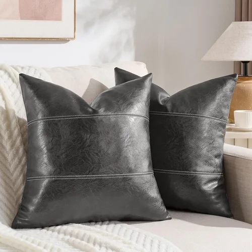 Vista 23 de Fancy Homi Paquete de 2 fundas de almohada decorativas de cuero sintético bohemio negro de 16 x 16 pulgadas para sala de estar, sofá, cama, sofá