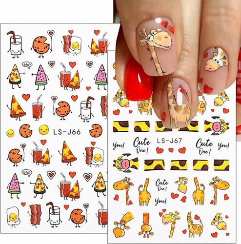 Vista 4 de 6 hojas de calcomanías de uñas de jirafa de dibujos animados 3D, calcomanías autoadhesivas lindas Kawaii para arte de uñas de pizza, bocadillos