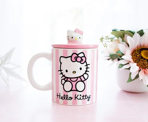 Vista 8 de Toynk Sanrio Hello Kitty - Taza de cerámica con tapa con diseño de rayas rosadas, taza de café grande para té, expreso, cacao, capacidad para 18