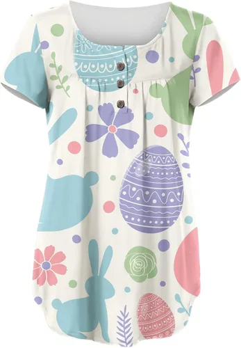 Vista 3 de Blusas de manga corta con botones para mujer, con estampado de Pascua, con cuello en V, para ocultar el vientre, para mujer