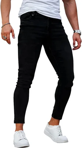 Vista 2 de Gingtto jeans entallados elásticos para hombre, de corte ajustado, rasgados, gastados