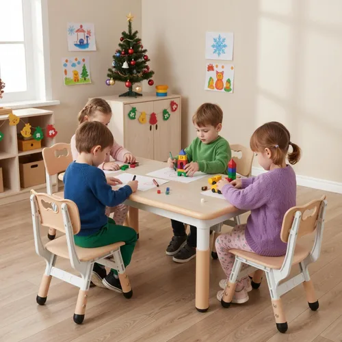 Vista 7 de Arlopu Mesa y 4 sillas para niños, juego de escritorio y sillas para niños pequeños de altura ajustable, patas antideslizantes, escritorio de Beige