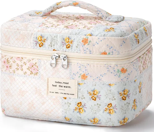 Vista 9 de HBselect Bolsa de Maquillaje Acolchada, Bolsa de Maquillaje Grande de Algodón para Viaje, Lindas Bolsas de Maquillaje con Flores Coquette, Bolsas