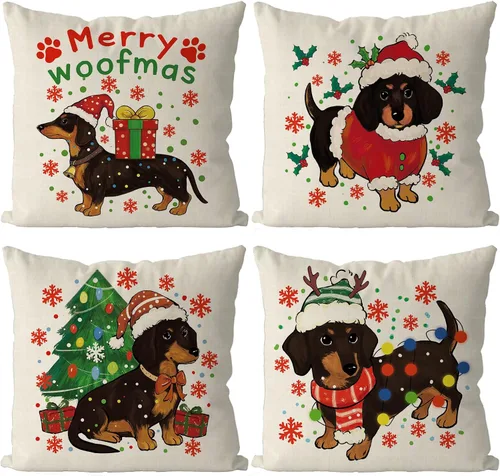 Vista 6 de Juego de 4 fundas de almohada navideñas para decoración de perro salchicha para el hogar, sofá, sala de estar, 16 x 16 pulgadas