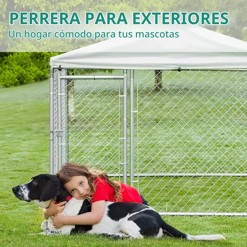 Vista 7 de VIVIJASON Jaula para perros grande para exteriores, resistente, con eslabones de cadena galvanizados, corralito exterior con cubierta impermeable