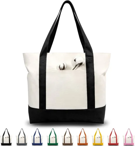 Vista 49 de TOPDesign Paquete de 1 bolsa de lona con bolsillo externo, bolsa de compras reutilizable para comestibles, cierre de cremallera superior, artículos