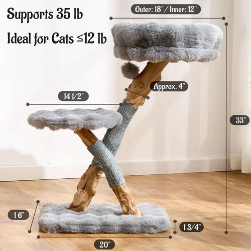 Vista 6 de Árbol para gatos de madera natural para gatos adultos de interior, torre de gatos moderna de 33 pulgadas con cama de felpa súper suave y percha