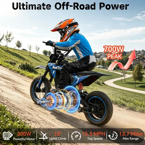 Vista 2 de 36V Electric Dirt Bike for Kids 4-10, 700W Peak & Max 15.5 MPH, 13.7 Miles Blue