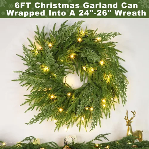 Vista 7 de Guirnalda de Pino Norfolk de Navidad Preiluminada con 30 Luces LED, 8 Modos y Temporizador, 6 Pies por 10 Pulgadas, Tacto Real, 80 Pinos Norfolk