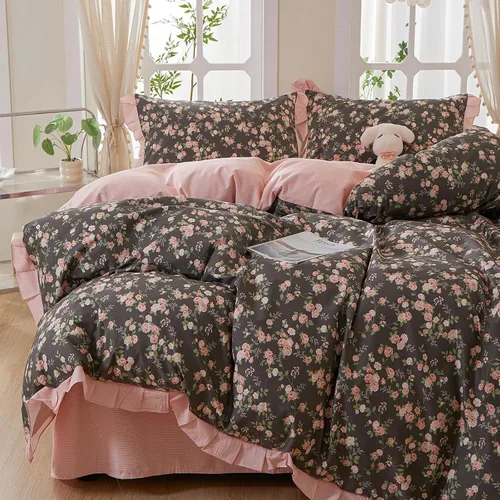 Vista 30 de HighBuy Juego de funda de edredón vintage con volantes y estampado de rayas francesas, 100% algodón con cierre de cremallera, juego de ropa de cama
